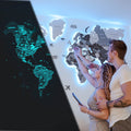 3D wooden world map with glowing LED 3.0 backlight mounted on a modern wall