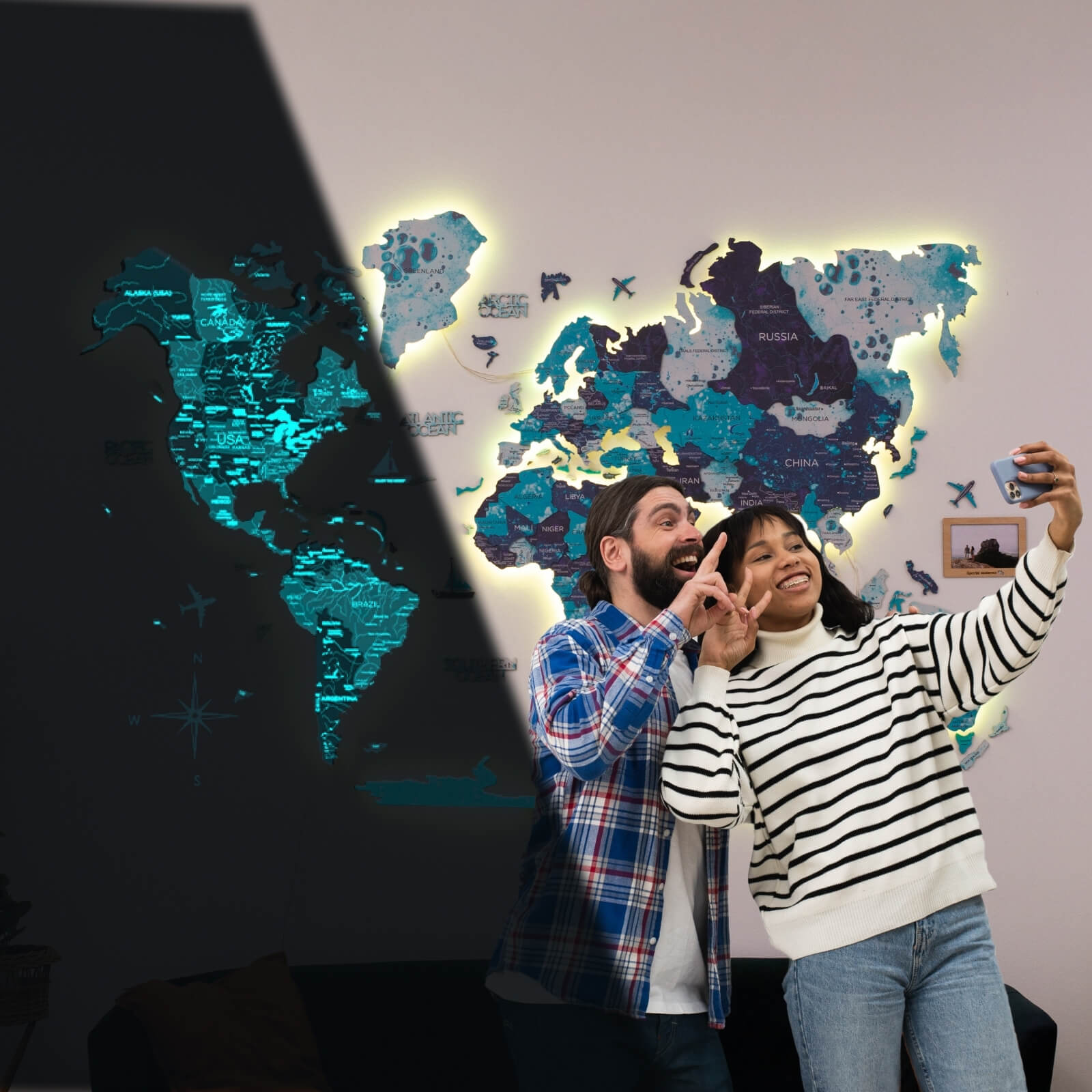 3D LED Luminous Wooden World Map 3.0 Ocean edition with backlit interactive map features
