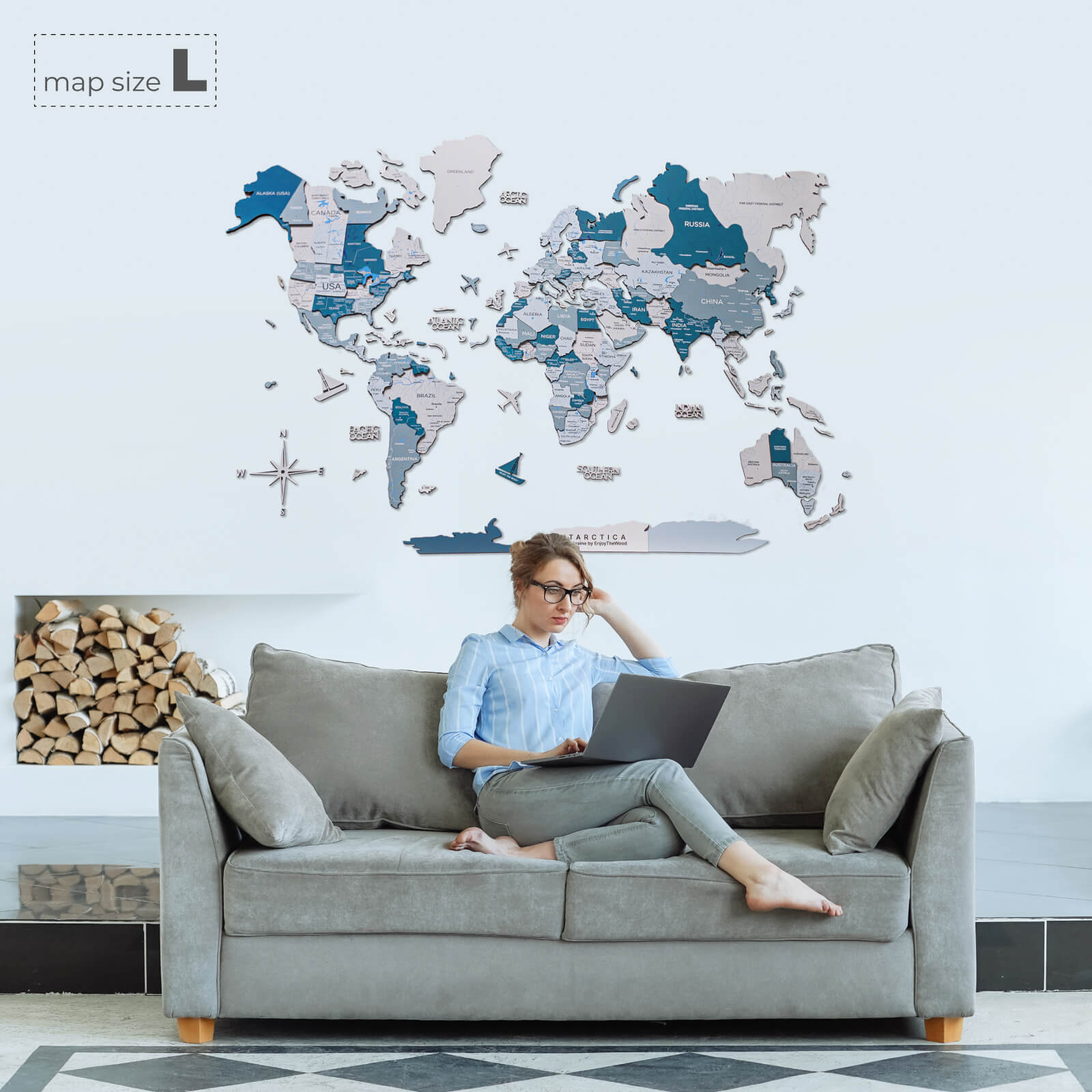 3D Wooden World Map in Aqua Shades for Coastal Wall Decor