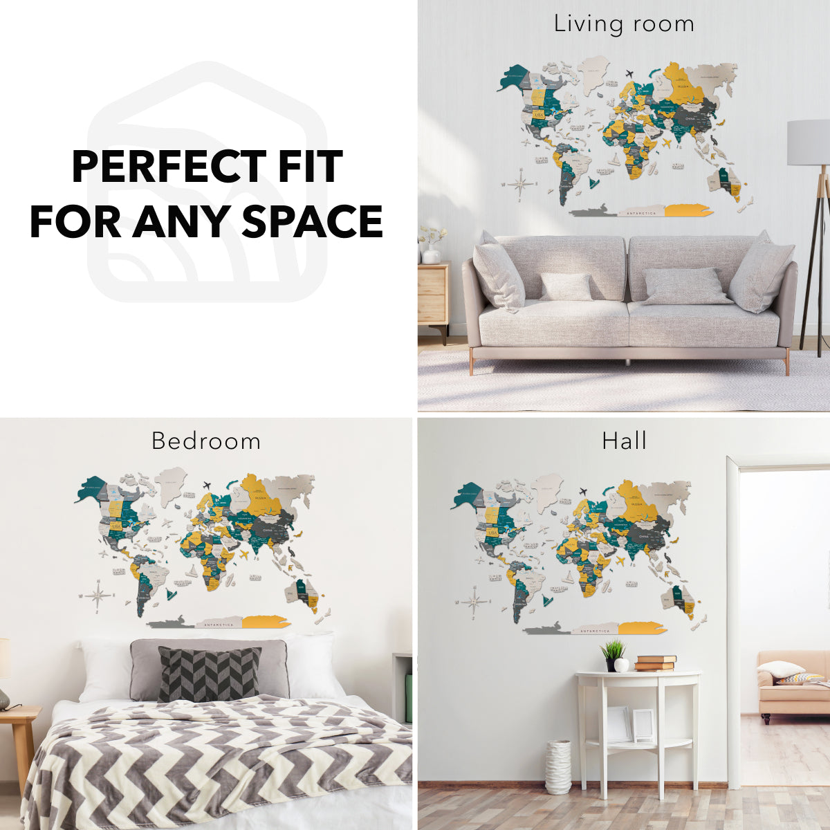 3D Wooden World Map Country