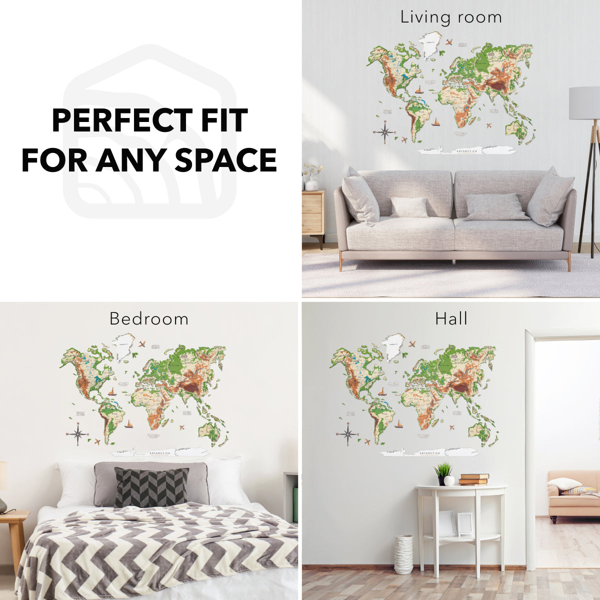 3D Wooden World Map Physical Colorful Wall Art