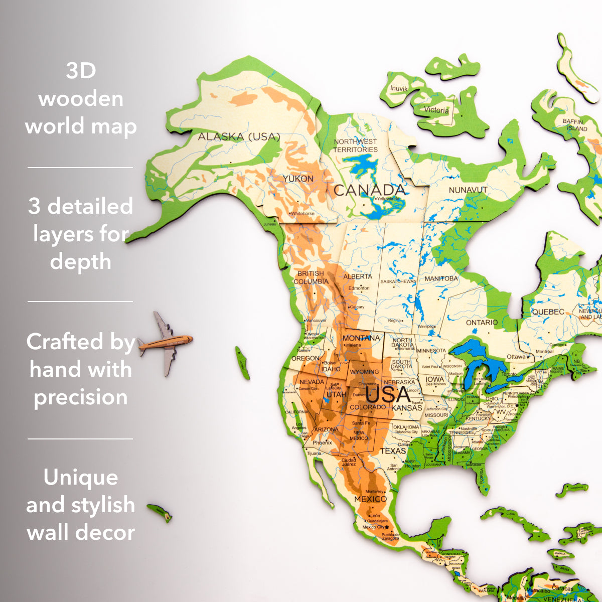 3D Luminous Colored Wooden World Map Physical Wall Decor
