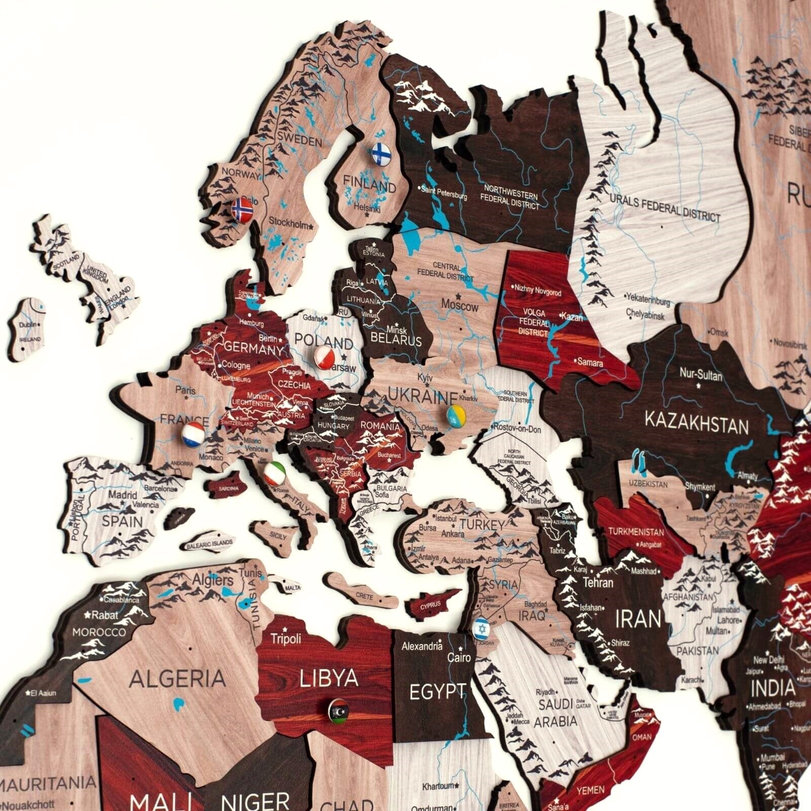 3D Luminous Colored Wooden World Map Urban Collection
