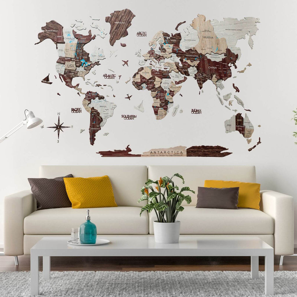 3D Luminous Colored Wooden World Map – Modern Travel Wall Art