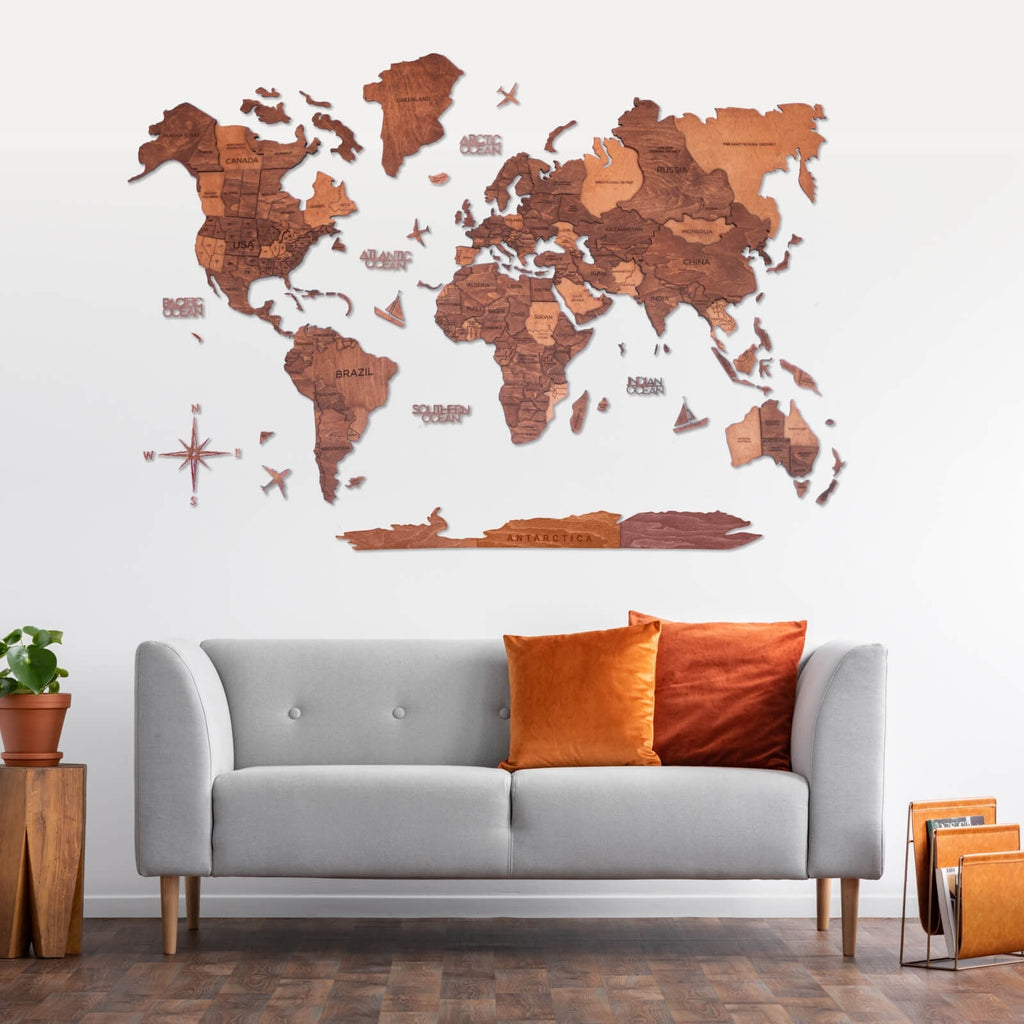 3D Wooden World Map in Oak for Modern Nature-Inspired Decor