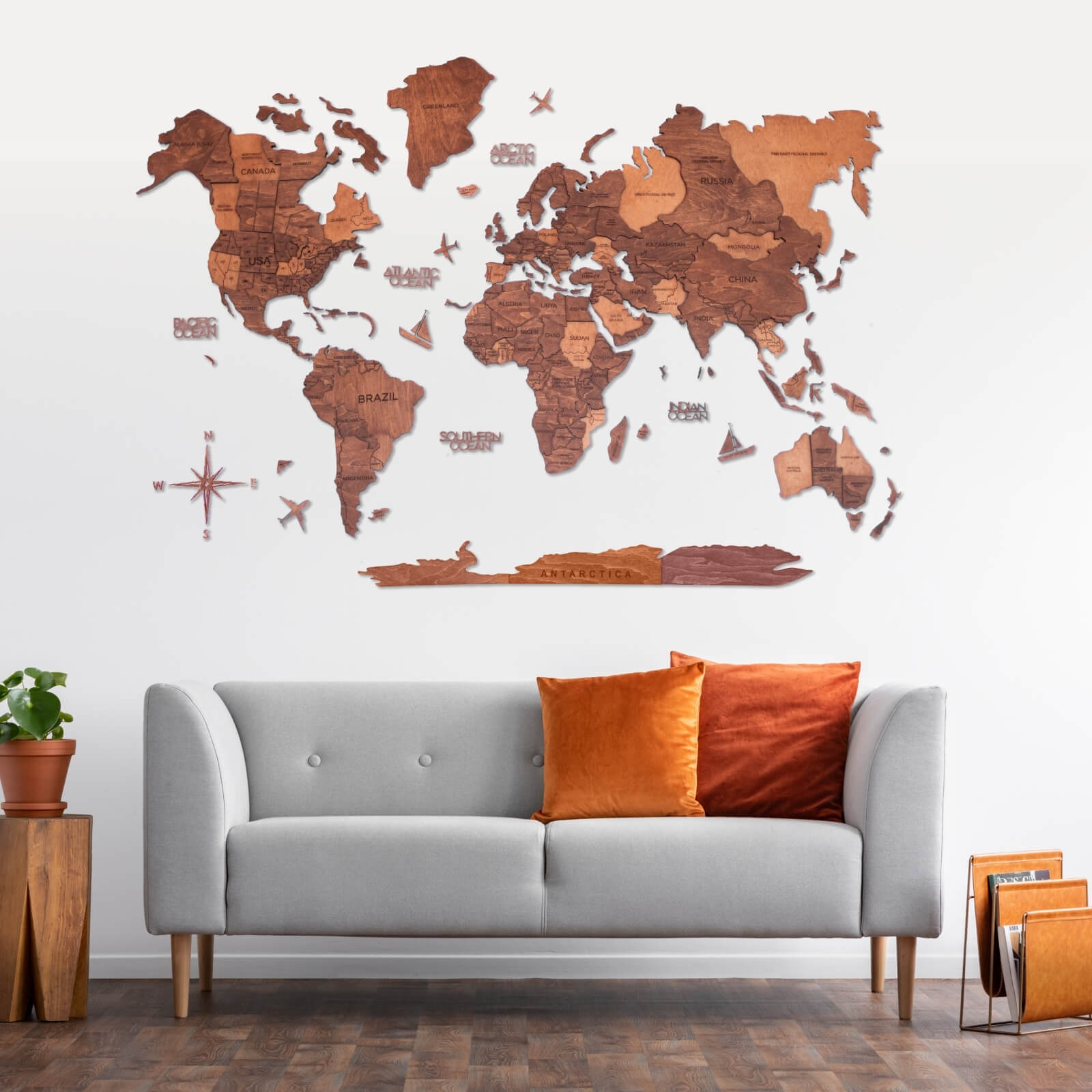 3D Wooden World Map in Oak for Modern Nature-Inspired Decor