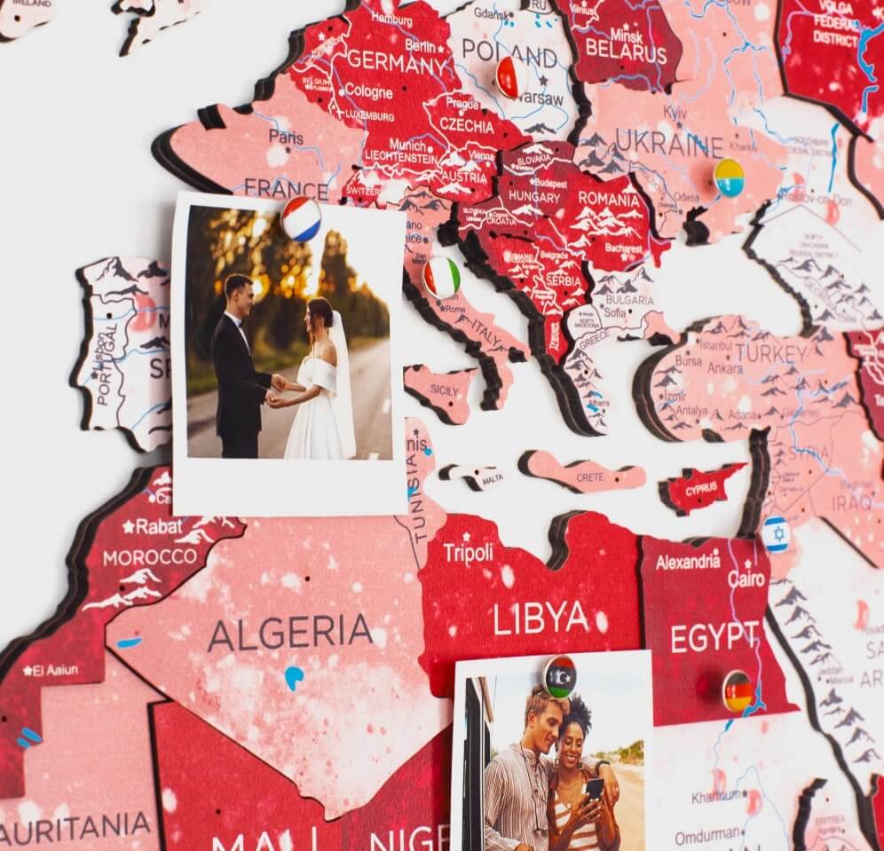 3D Wooden World Map Volcano Red and Pink Geometric Wall Art