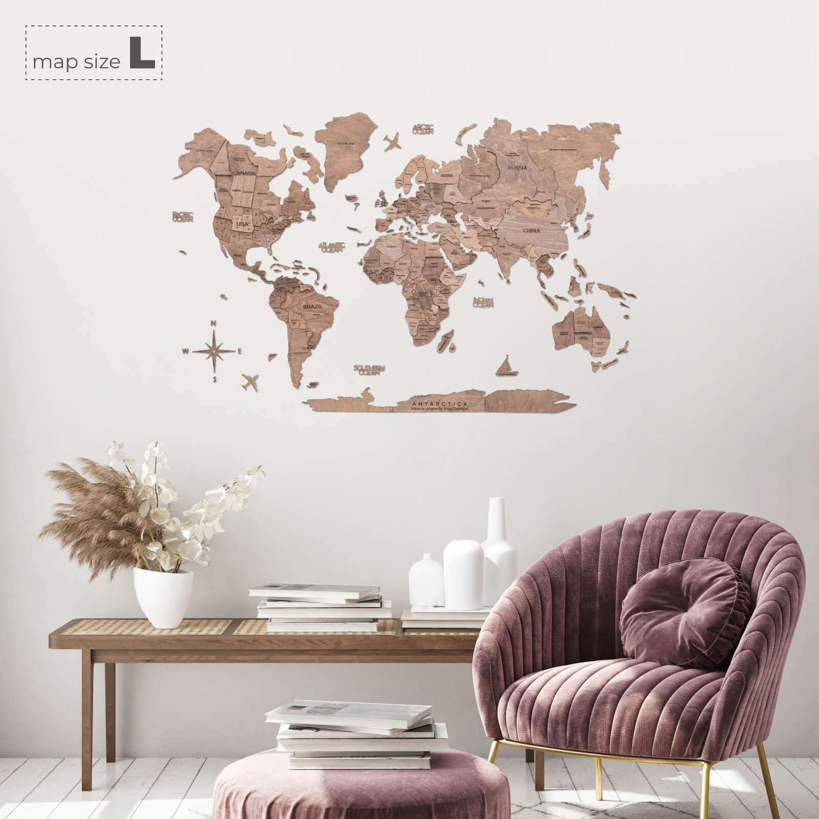 3D Wooden World Map Terra Wall Art in Brown and Tan