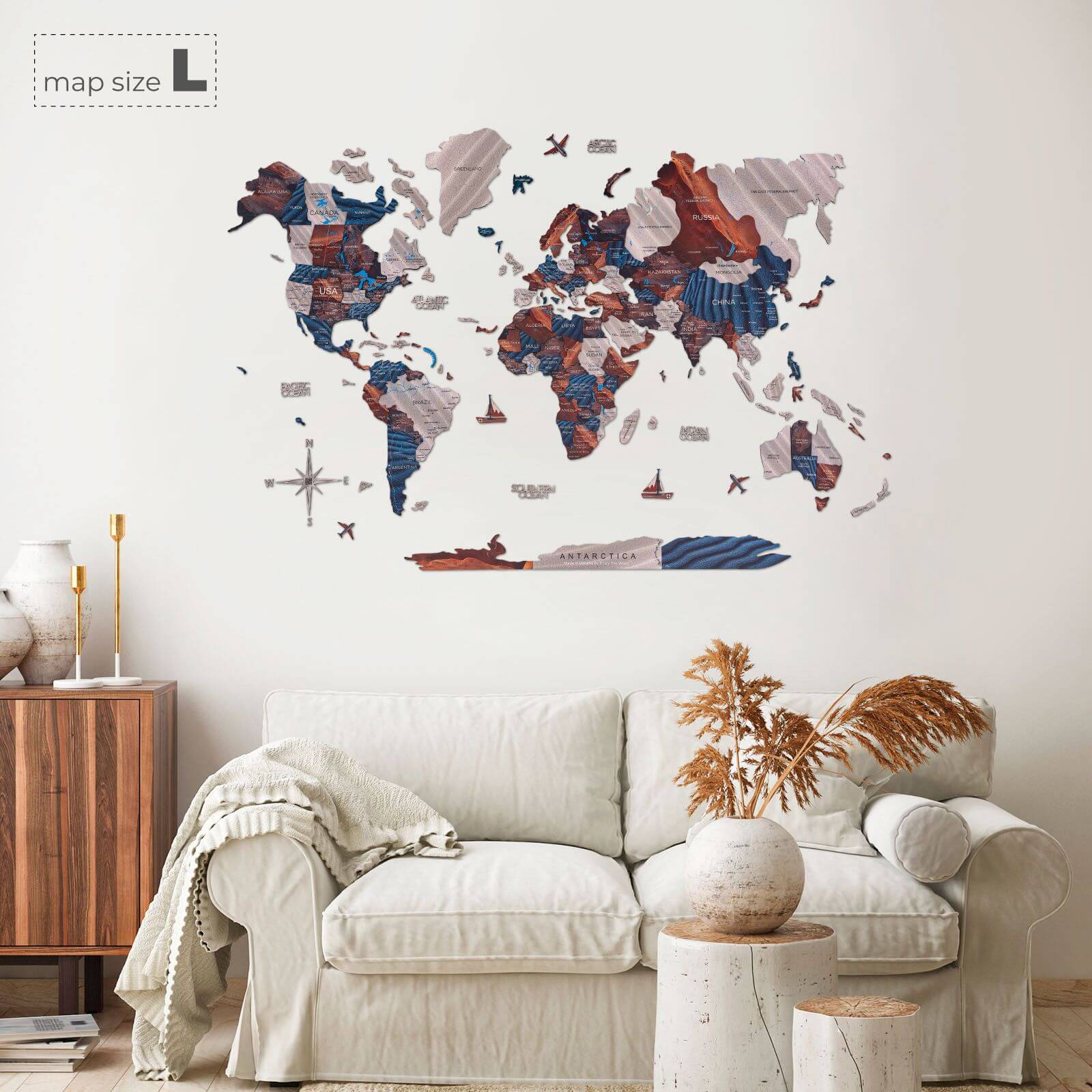 3D Wooden World Map Dune Wall Decor – Detailed Sandy Palette Art
