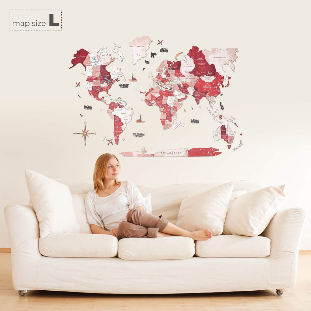 3D Wooden World Map Volcano Red and Pink Geometric Wall Art