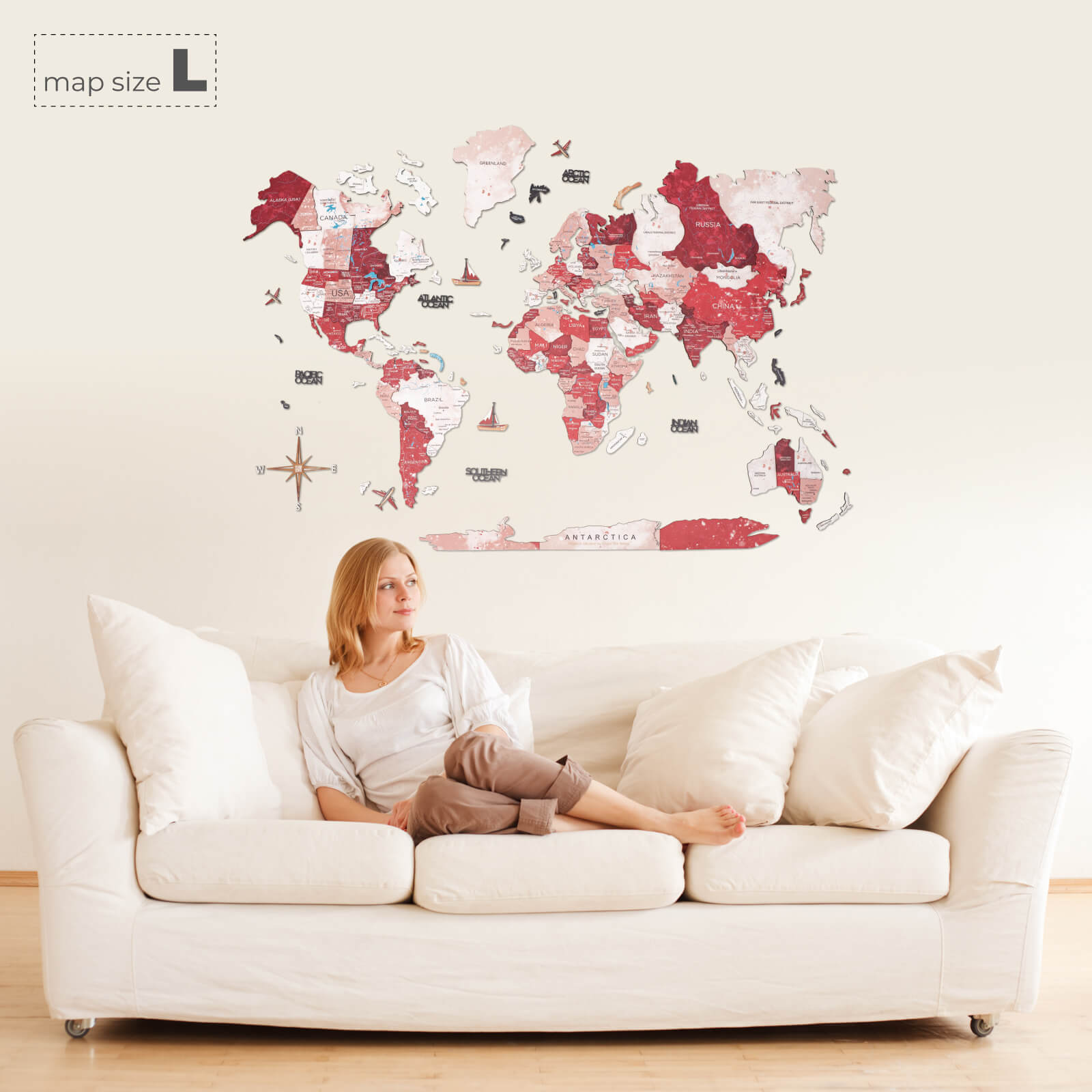 3D Wooden World Map Volcano Red and Pink Geometric Wall Art