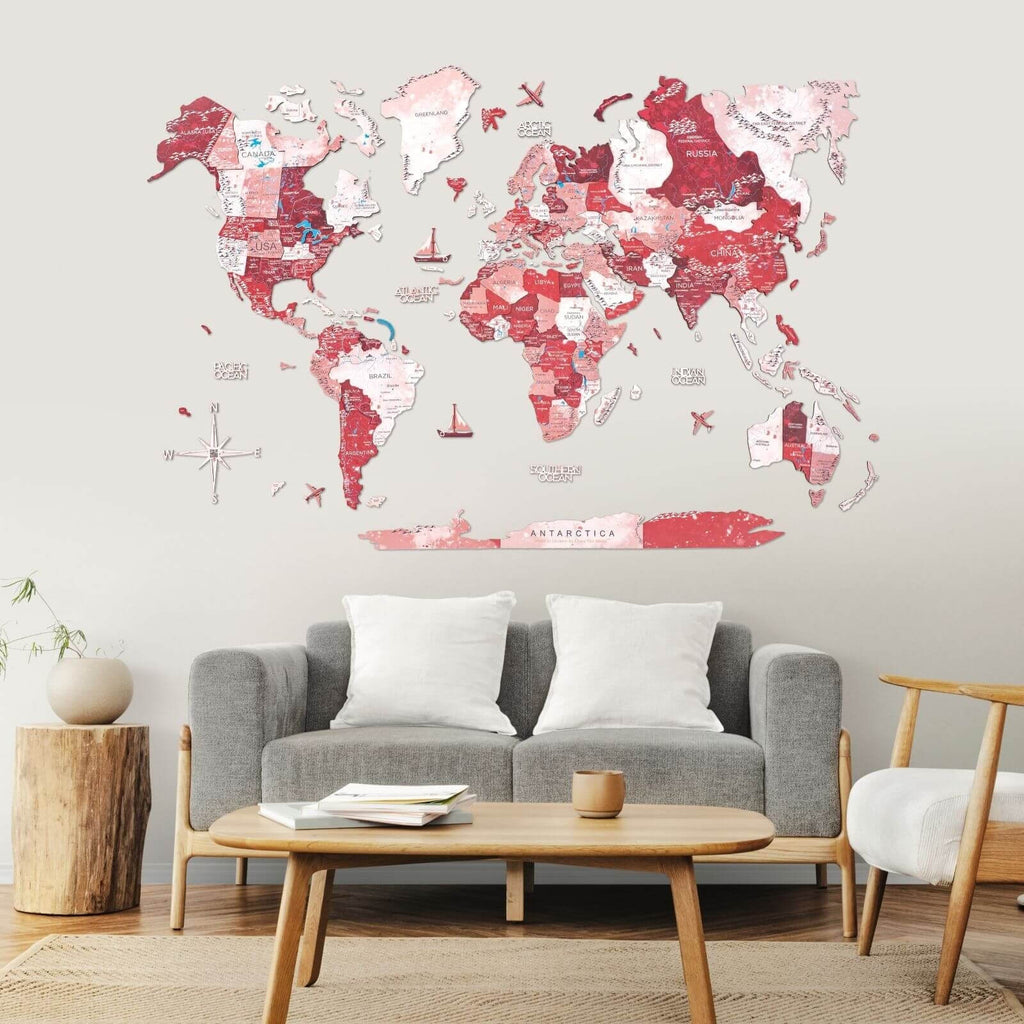 Fiery red and pink 3D wooden world map Volcano edition for home office wall