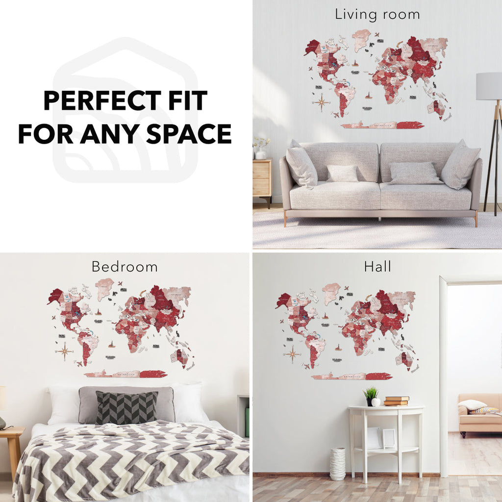 3D Wooden World Map Volcano Red and Pink Geometric Wall Art