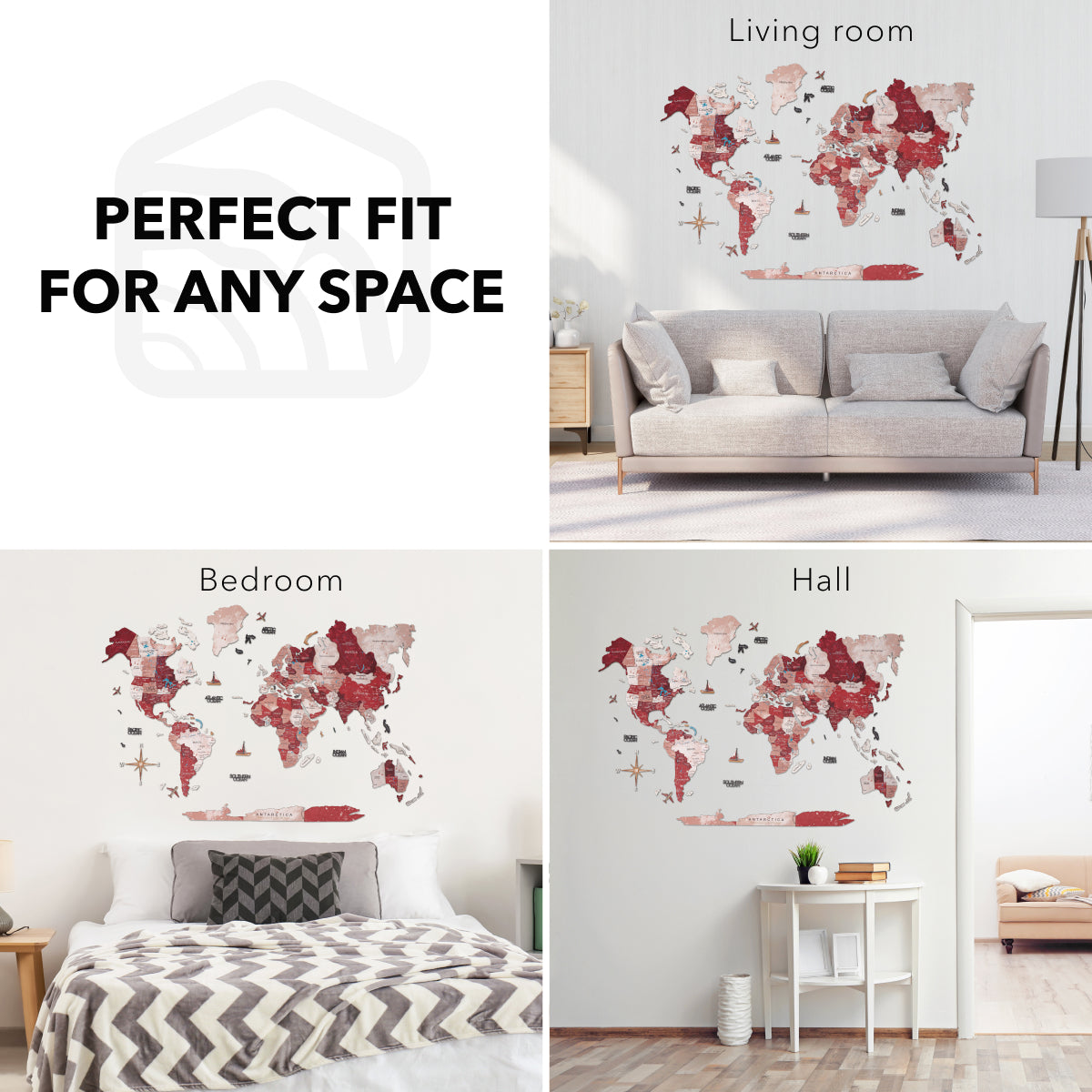 3D Wooden World Map Volcano Red and Pink Geometric Wall Art