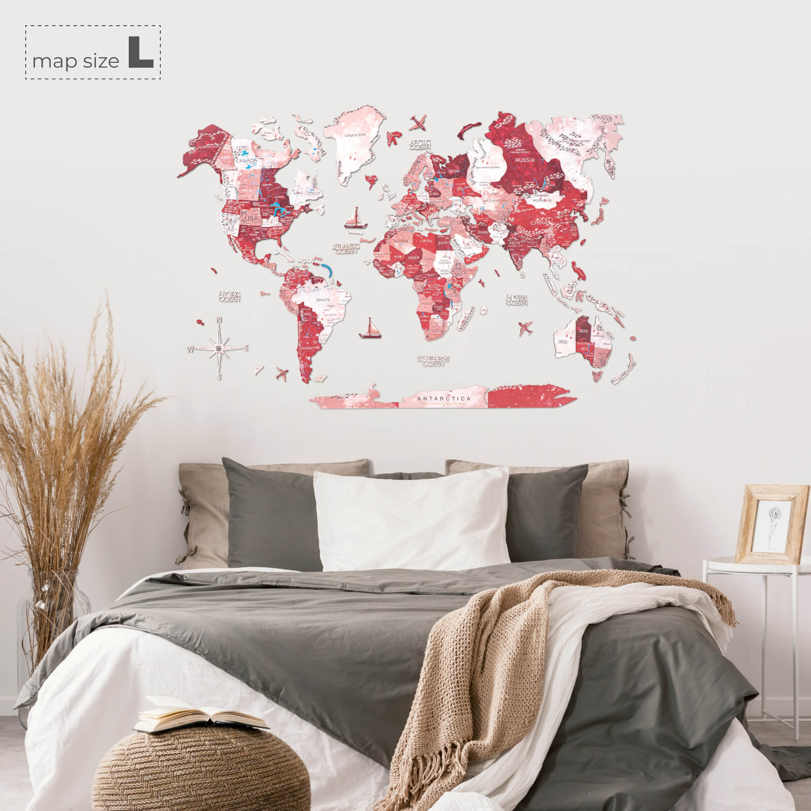 3D Wooden World Map Volcano Red and Pink Geometric Wall Art