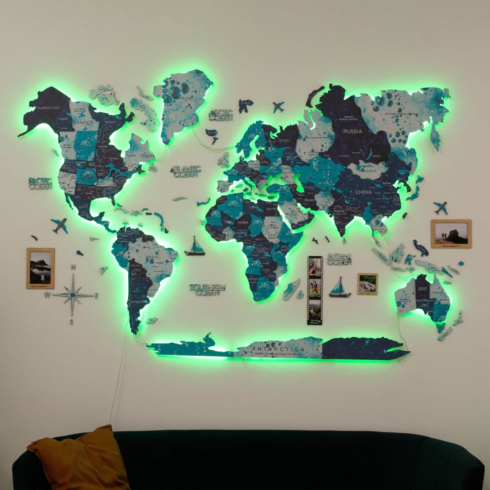 3D LED Luminous Wooden World Map 3.0 Ocean Interactive Wall Art