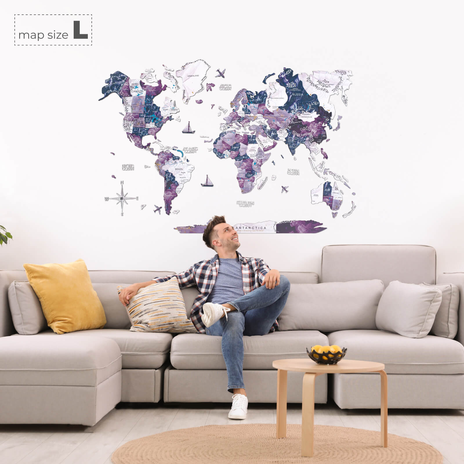 3D Wooden World Map Milky Way Purple Abstract Wall Art