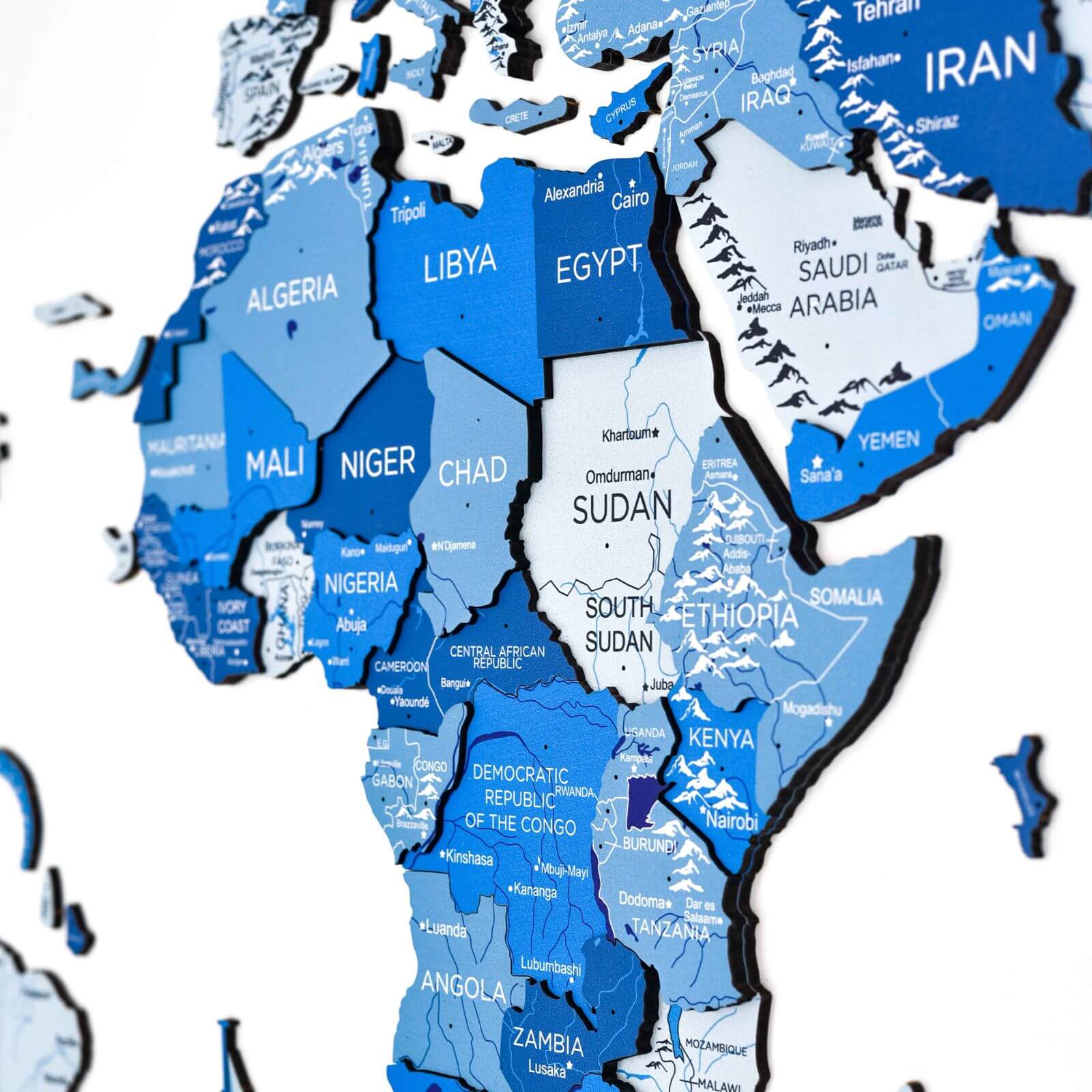 3D Wooden World Map Azure - Modern Geometric Wall Art
