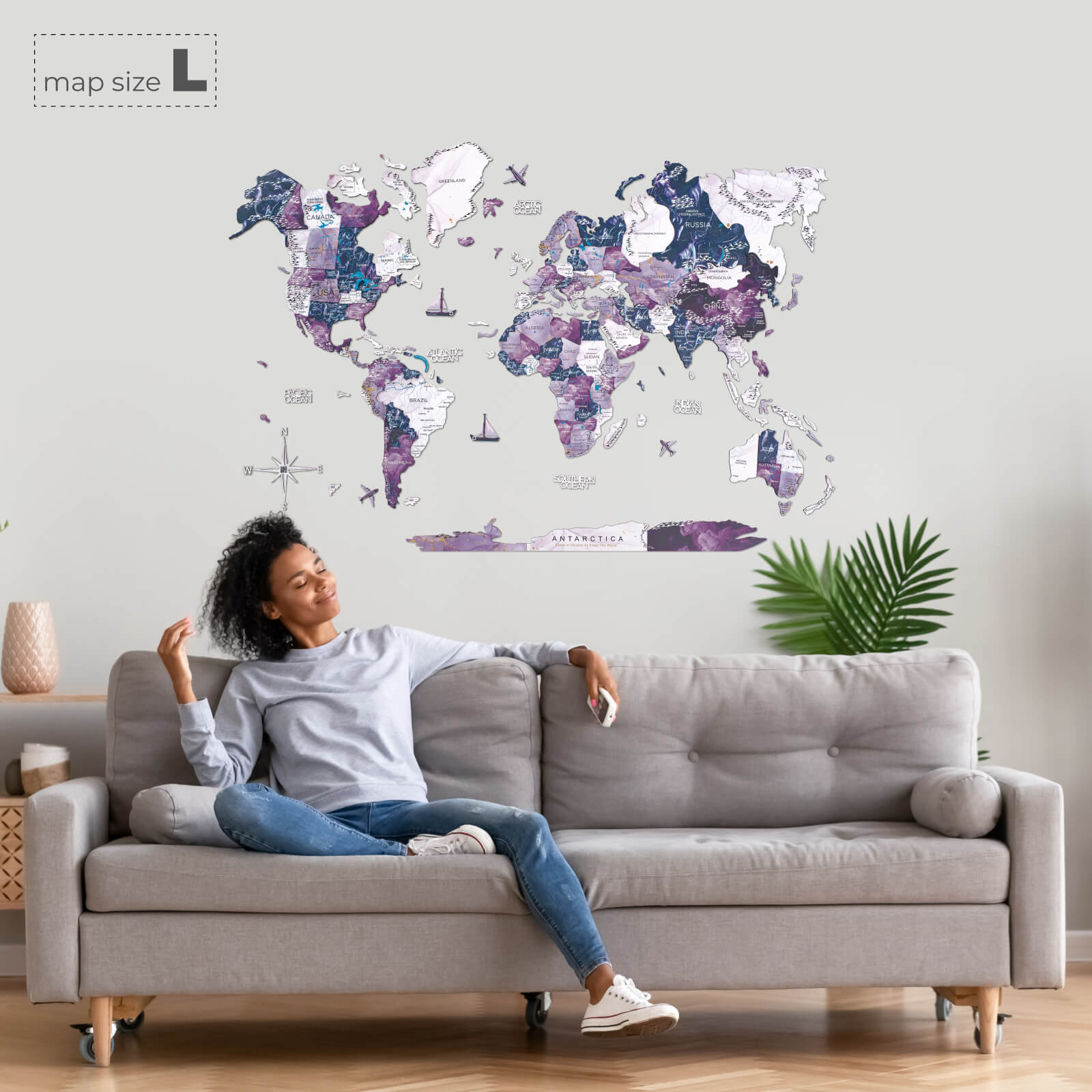 3D Wooden World Map Milky Way Purple Abstract Wall Art