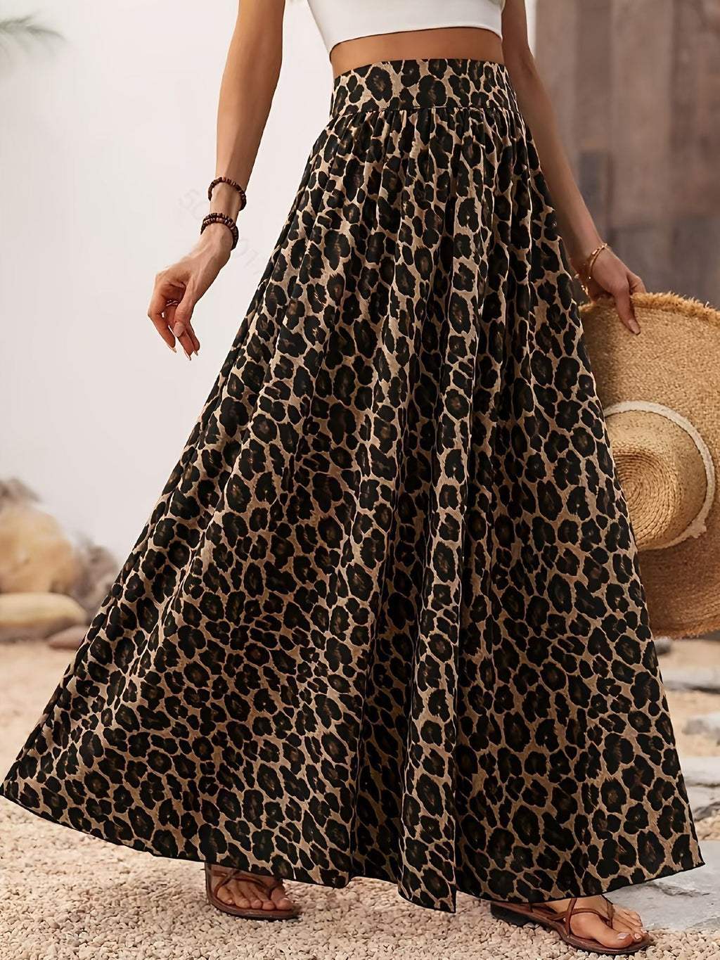 High Waist Leopard Print Midi Skirt - Bohemian Vacation Style