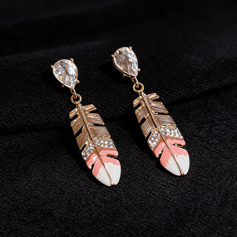 Women Feather Pendant Dangle Stud Earrings,Palace Style Heavy Craft Inlaid Rhinestone Enamel Earrings,Light Luxury Versatile Elegant Daily Fashion Jewelry