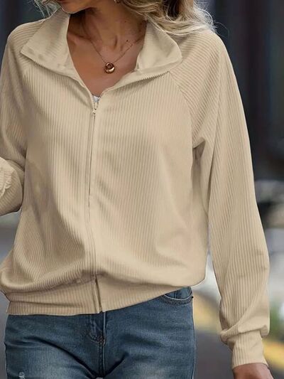 Women's White Zip-Up Collared Jacket with Raglan Sleeves