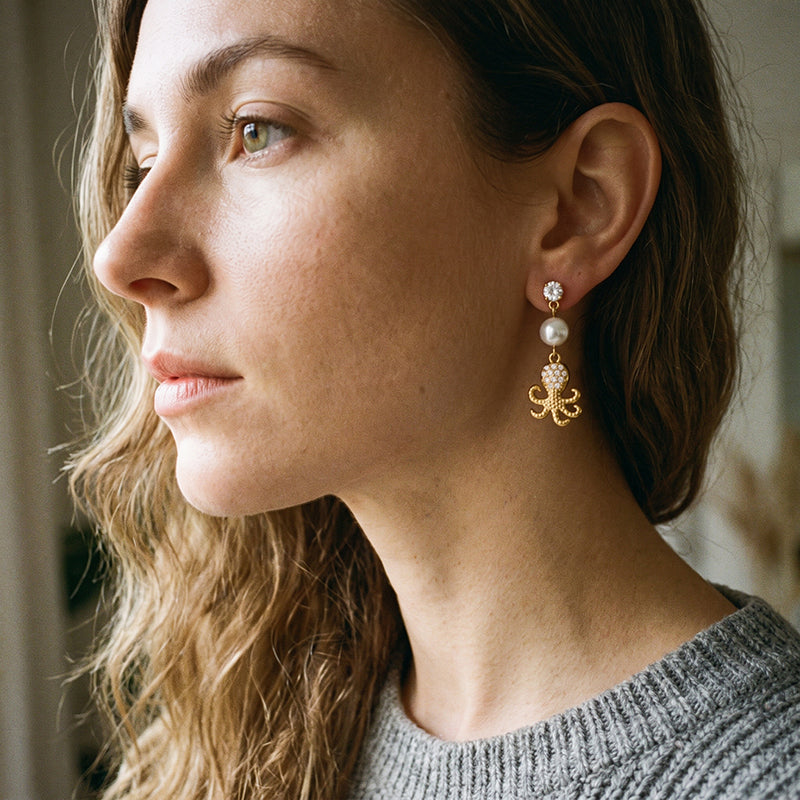 Bohemian Ocean Style High-quality Stainless Steel Octopus-shaped Pearl Earrings