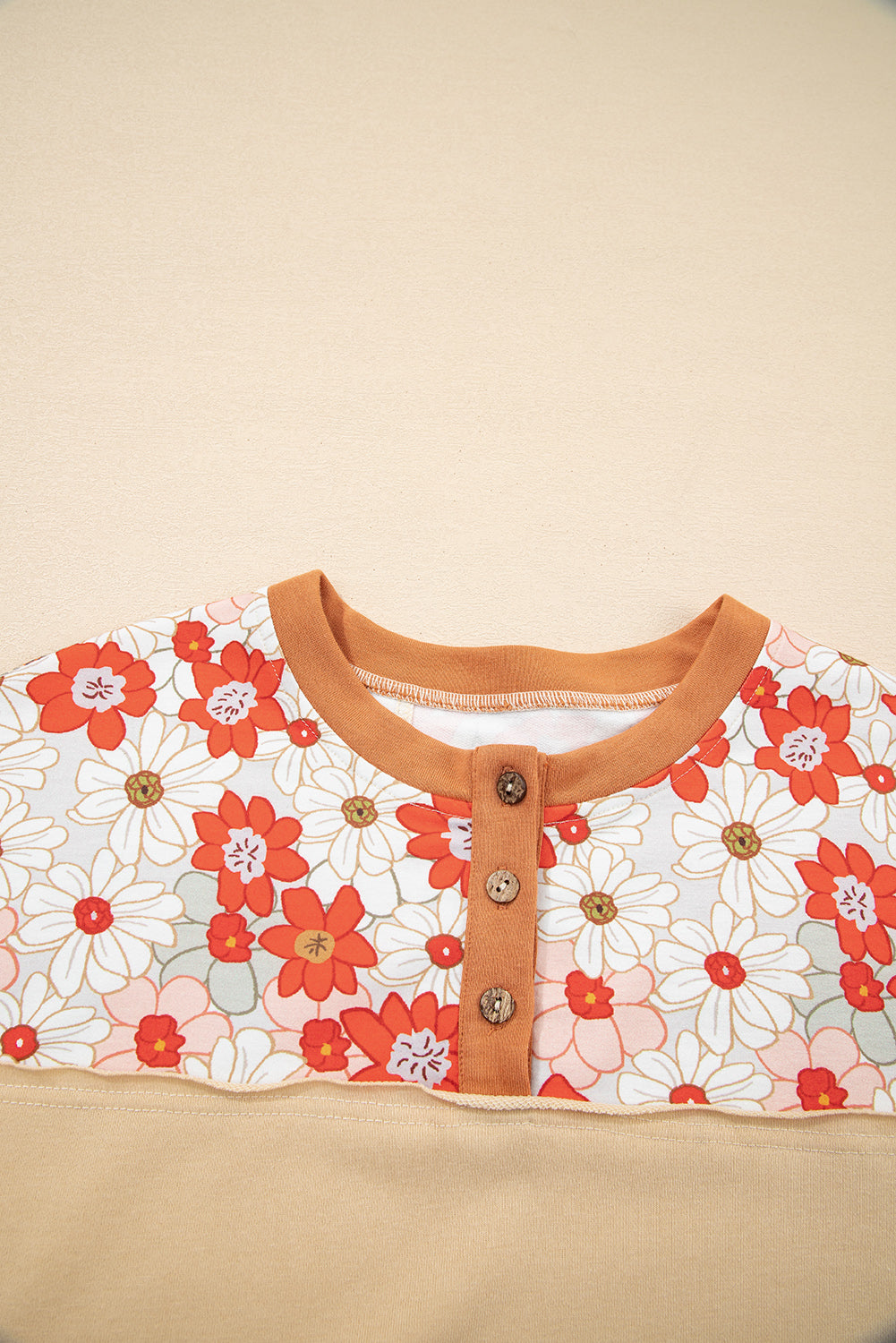 Parchment Floral Plaid Patchwork Henley Top