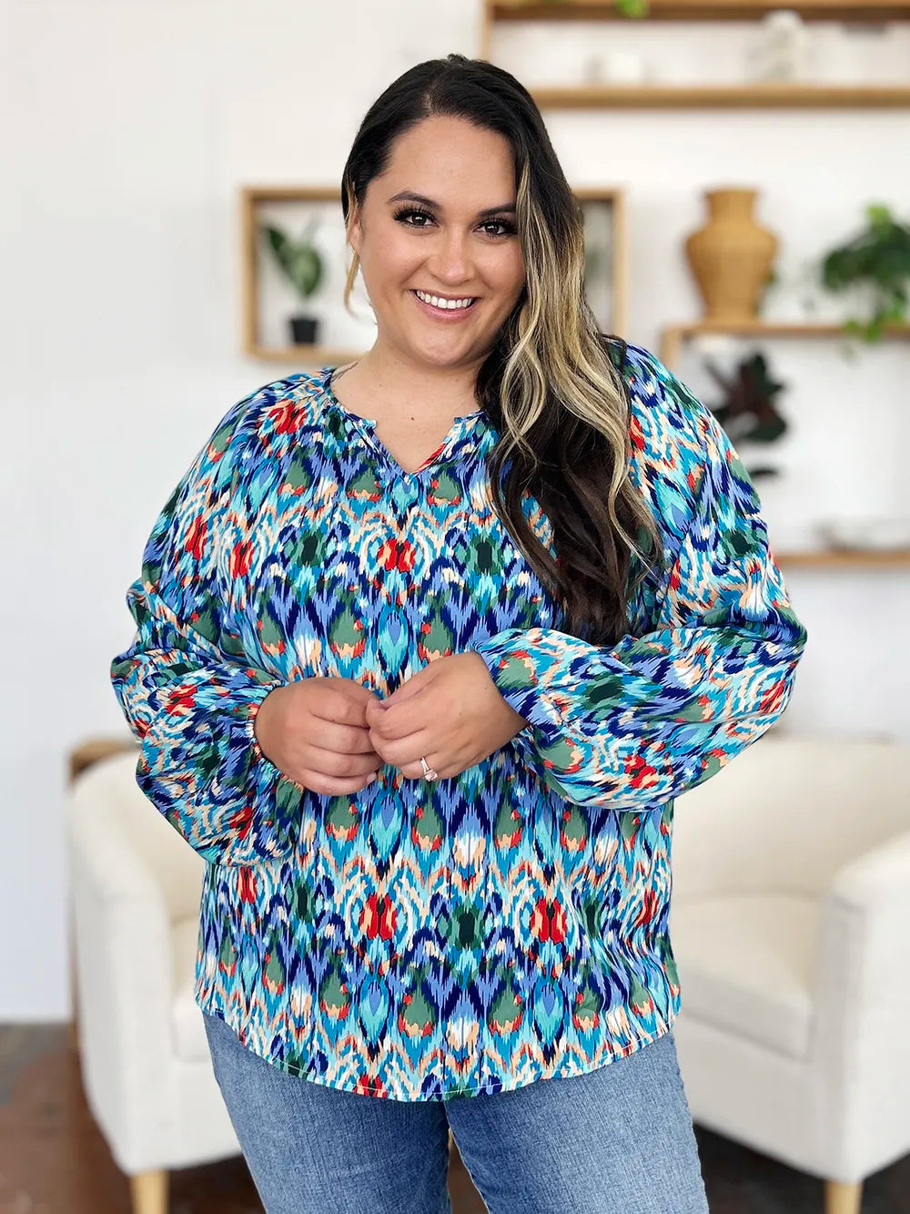 Printed Balloon Sleeve Blouse | Geometric V-Neck Chiffon Top