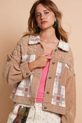 Women's retro corduroy patchwork jacket in tan, white, and brown featuring a button-up front