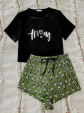 Graphic Tee & Panda Print Shorts Lounge Set - Black