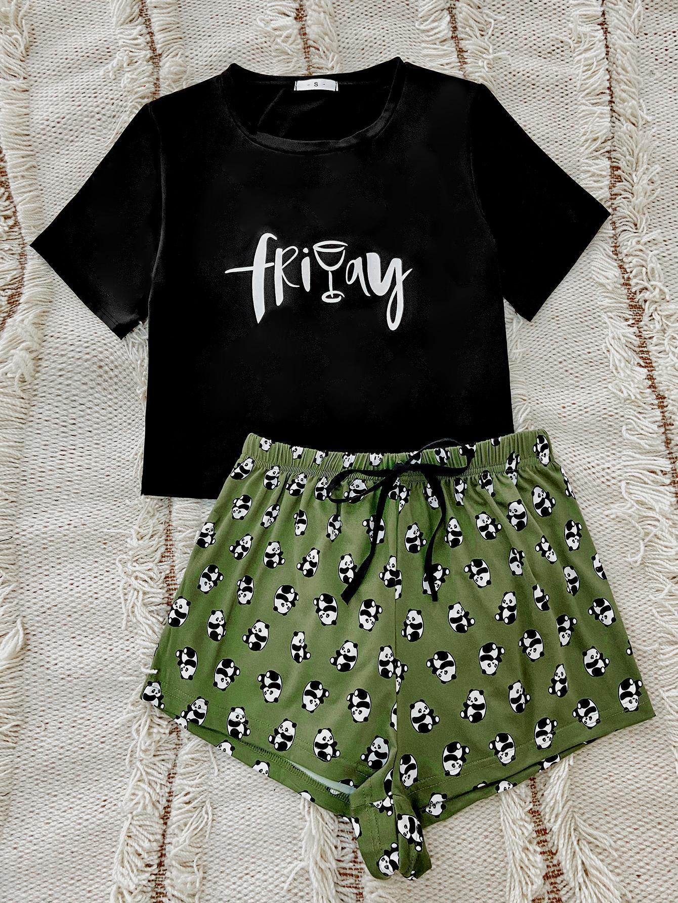 Graphic Tee & Panda Print Shorts Lounge Set - Black