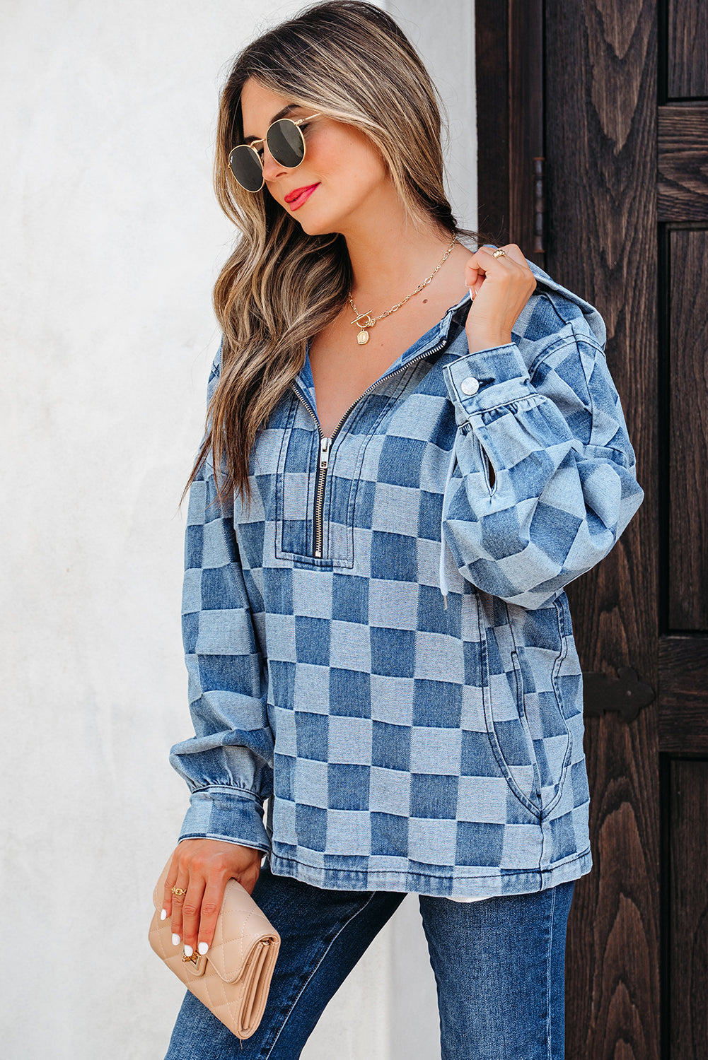 Taracella Checkerboard Zipped Kangaroo Hoodie