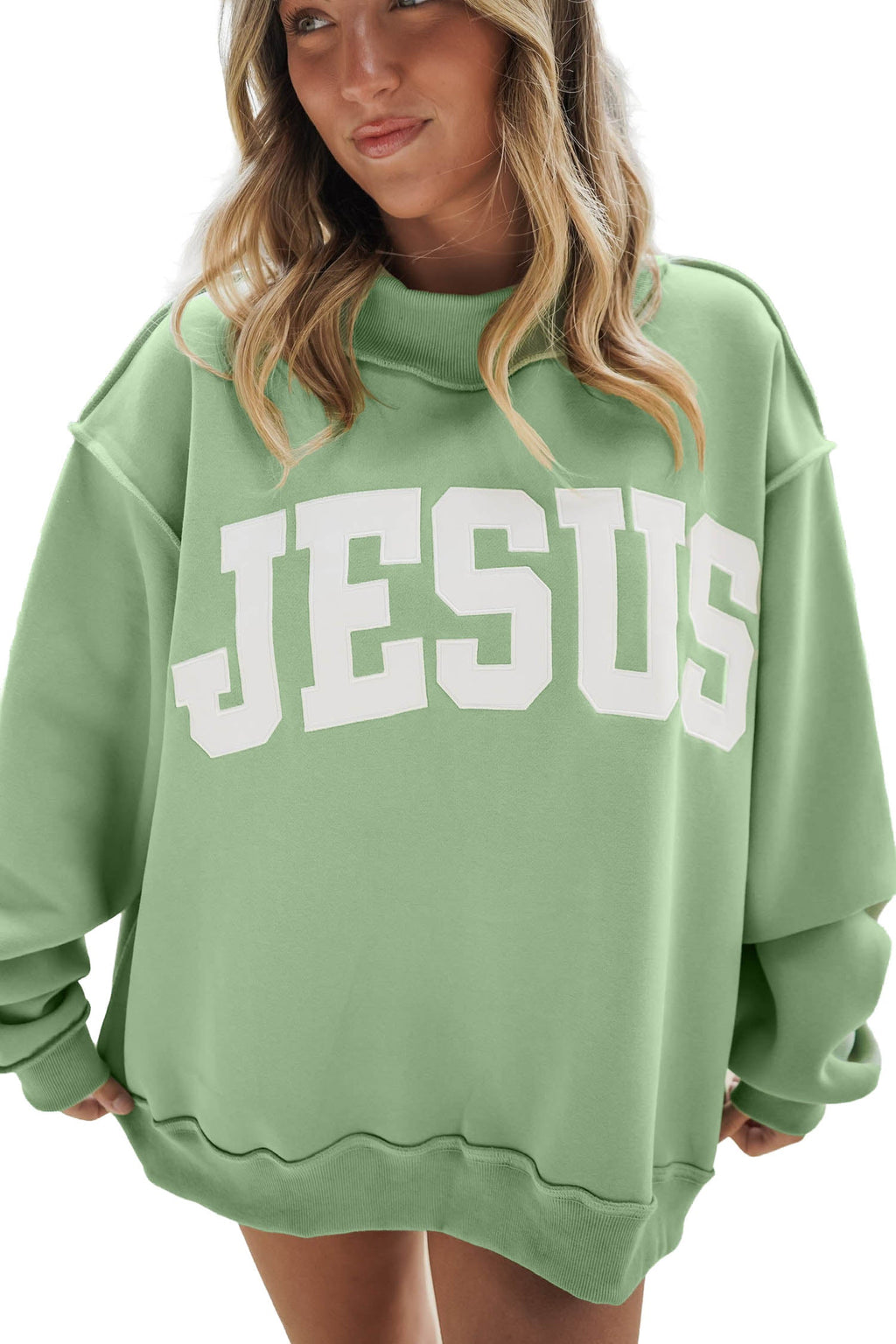 Orchid Bouquet JESUS Letter Print Exposed Seam Mock Neck Baggy Sweatshirt