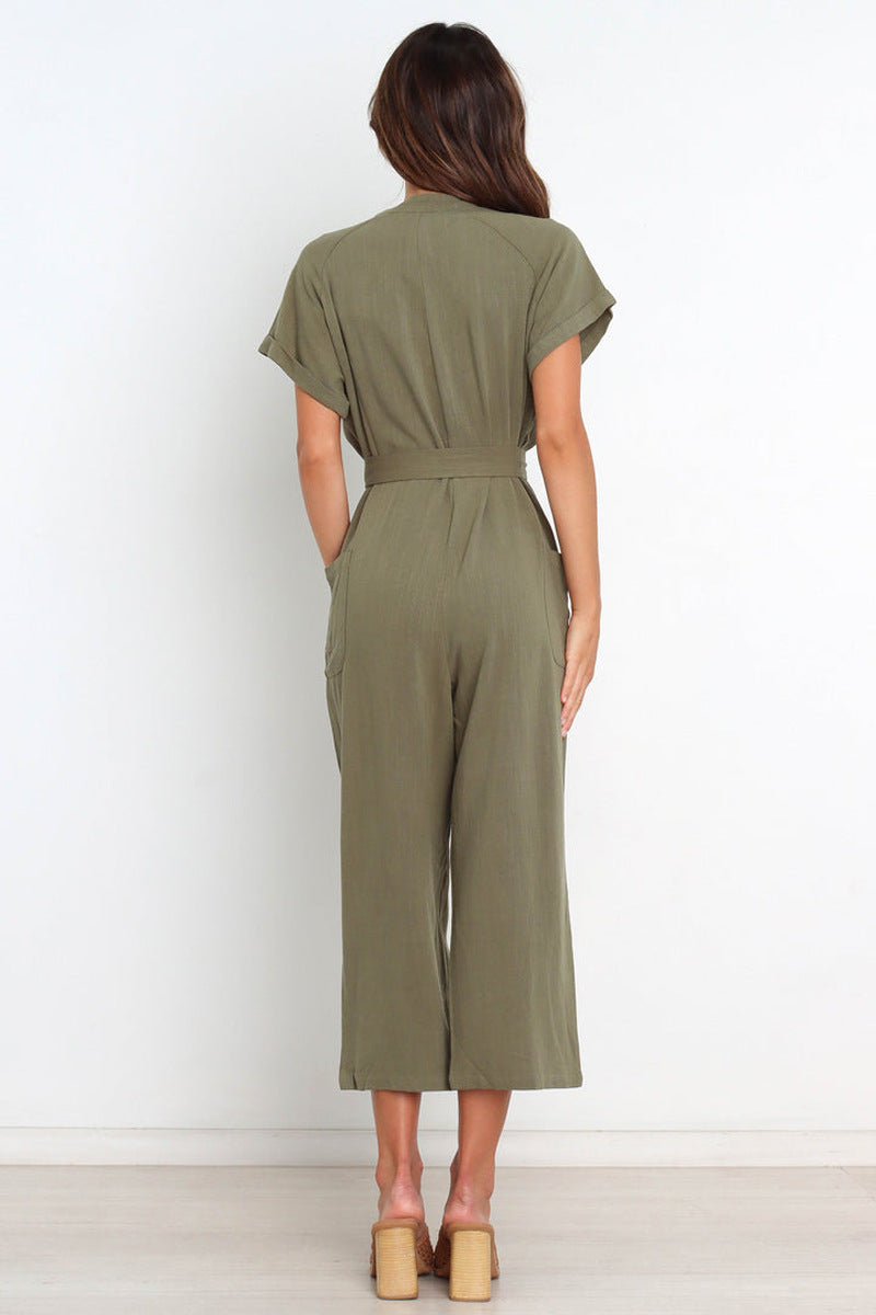 Women's V-Neck Button Front Cropped Wide-Leg Jumpsuit