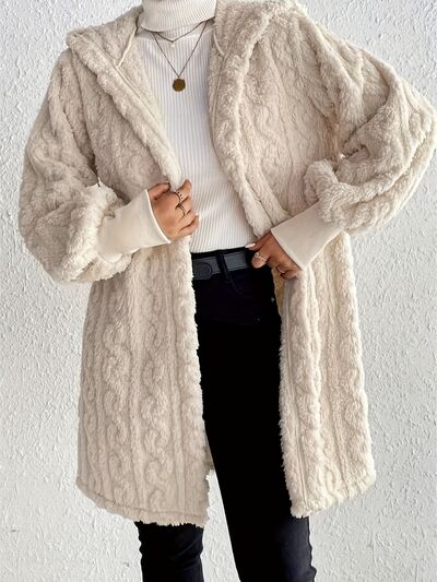 Beige Long Winter Open Front Fuzzy Hooded Jacket