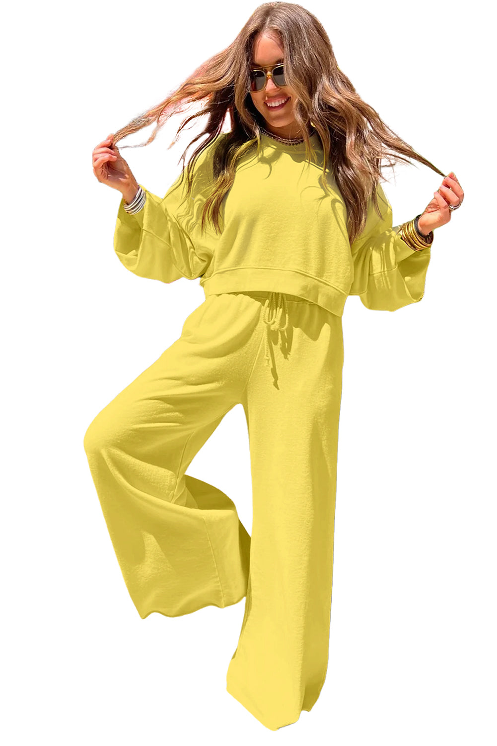 Yellow Cream Drop Shoulder Crop Pullover Wide Leg Pants Set