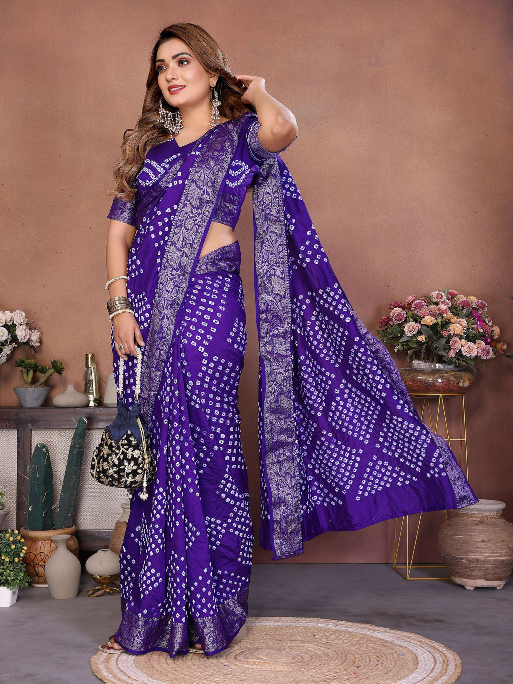 Purple Pure Dola Silk Handmade Original Bandhej Saree