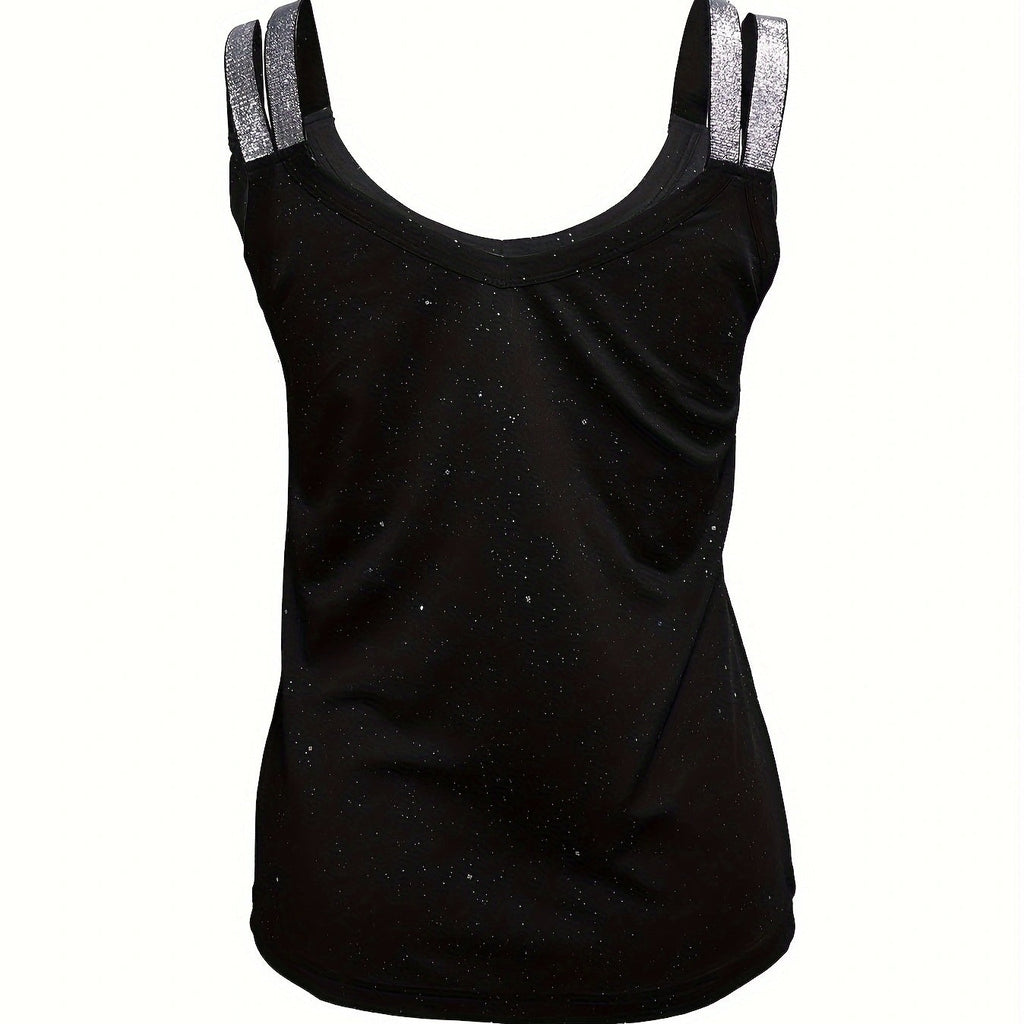 Women's Black Sequin Camisole Top with Rhinestone Straps