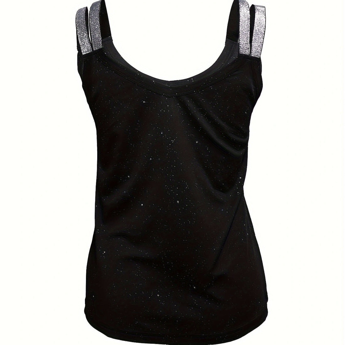 Women's Black Sequin Camisole Top with Rhinestone Straps