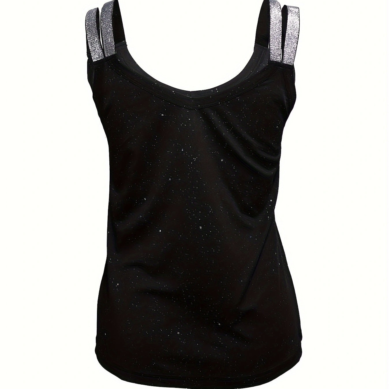 Women's Black Sequin Camisole Top with Rhinestone Straps