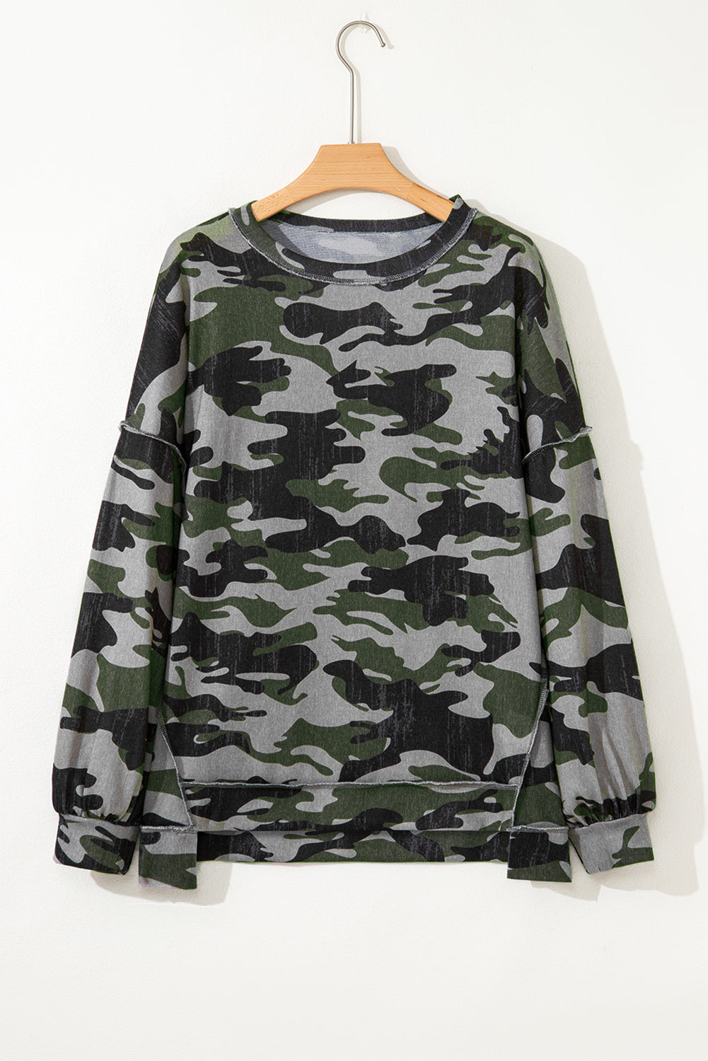 Women's Camo Print Drop Shoulder Sweatshirt with Uneven Hem - Image 3