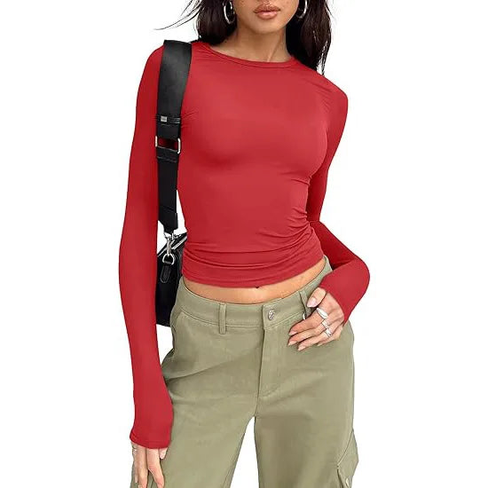 Women T-shirt Long Sleeve Crew Neck Solid Slim Fit Tee  Crop Top
