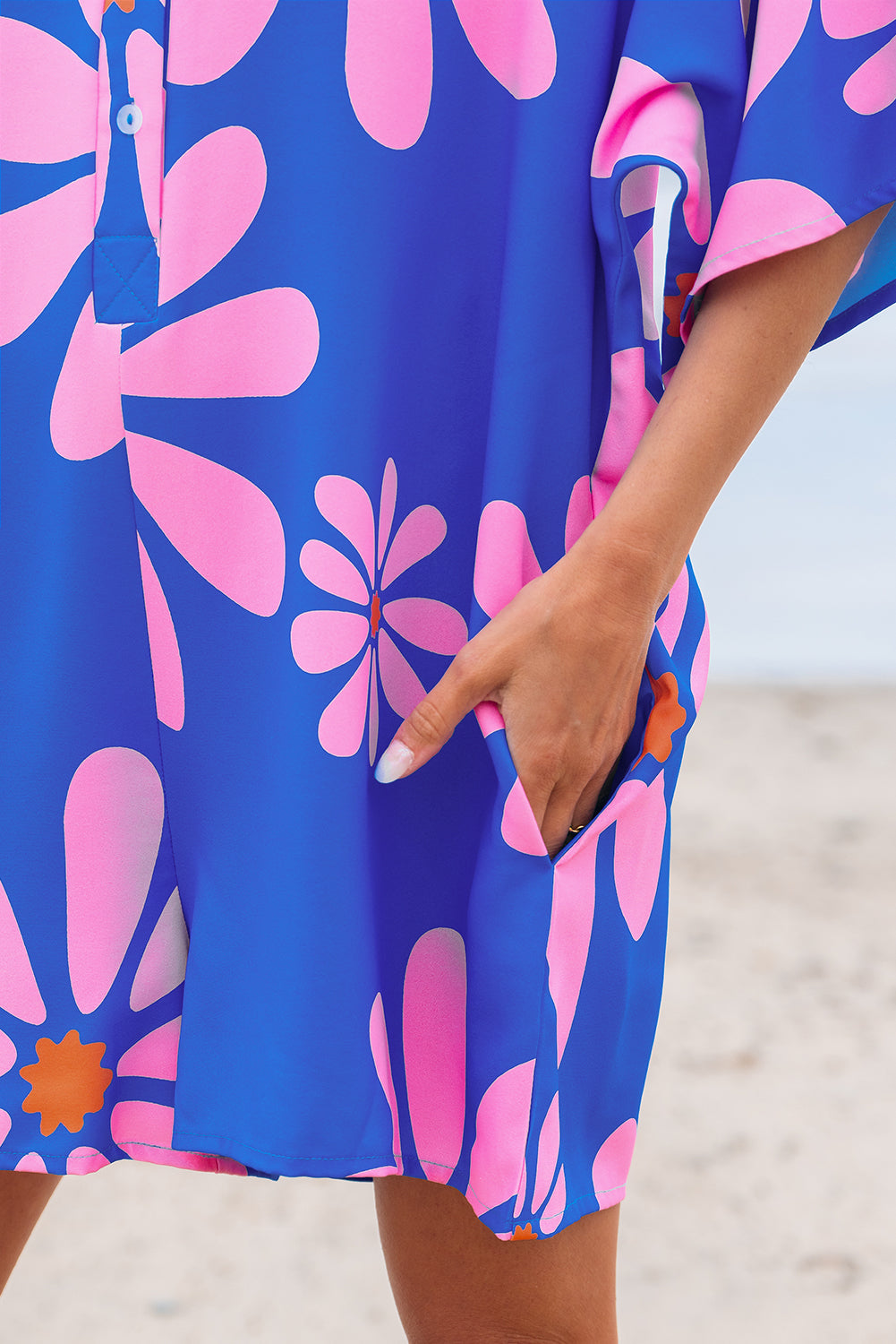 Blue Flower Print Shirt Collar Button Front Loose Romper