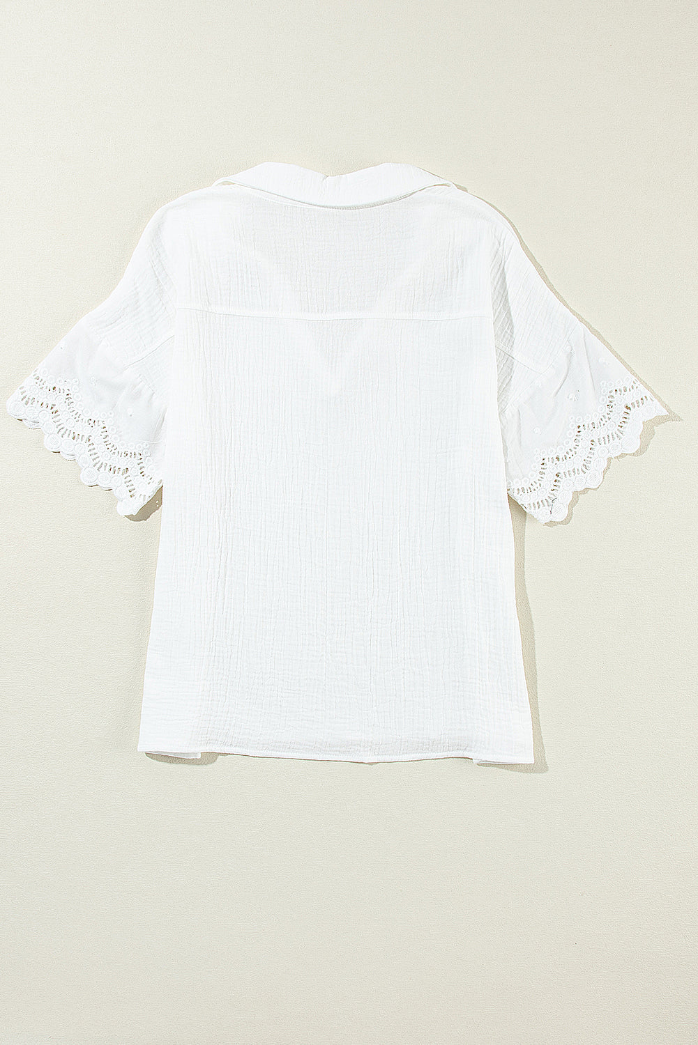 Women's Crinkled V-Neck Blouse with Lace Sleeve Detail