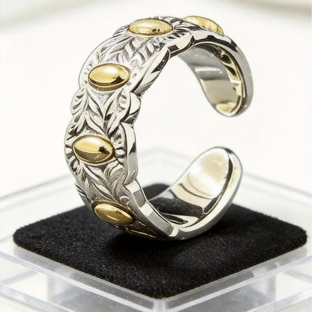 Vintage handcrafted brass open ring with seven-grain rice texture design.