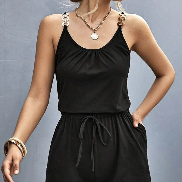 Women's Black Sleeveless Chain Detail Lace-Up Suspender Jumpsuit - Image 2