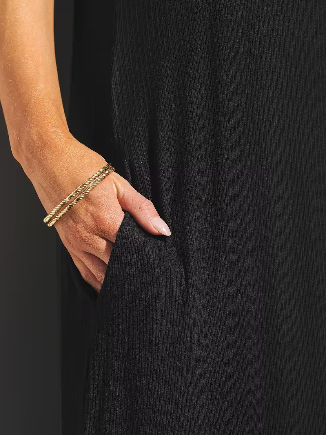 V-Neck Ruffled Hem Midi Dress in Solid Color - detail shot