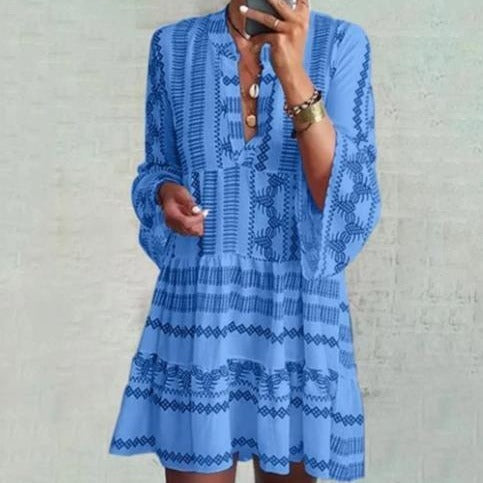 Bohemian Geometric Print Flare Sleeve Mid Dress