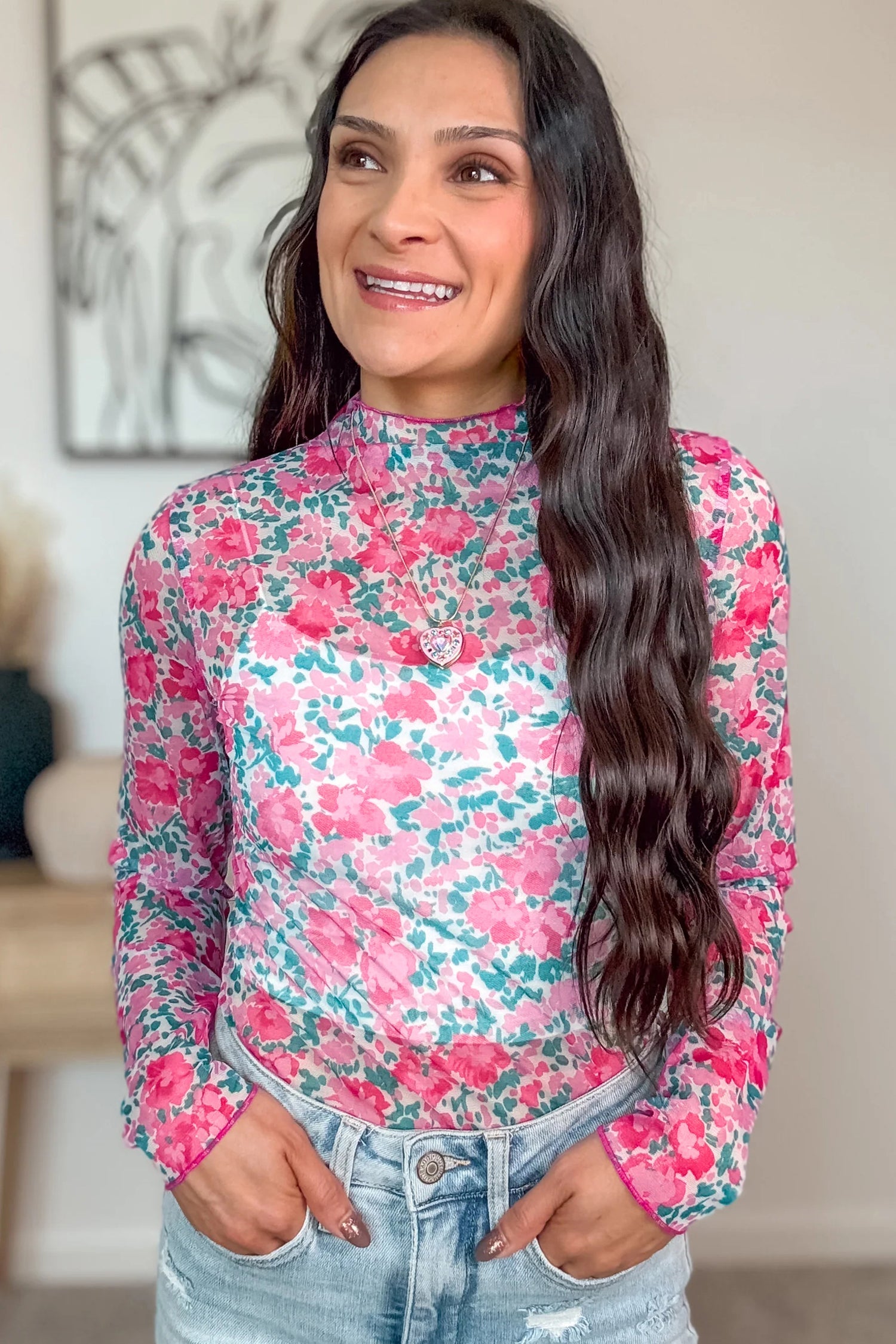 Pink Slim Fit Floral Mesh Long Sleeve Mock Neck Top